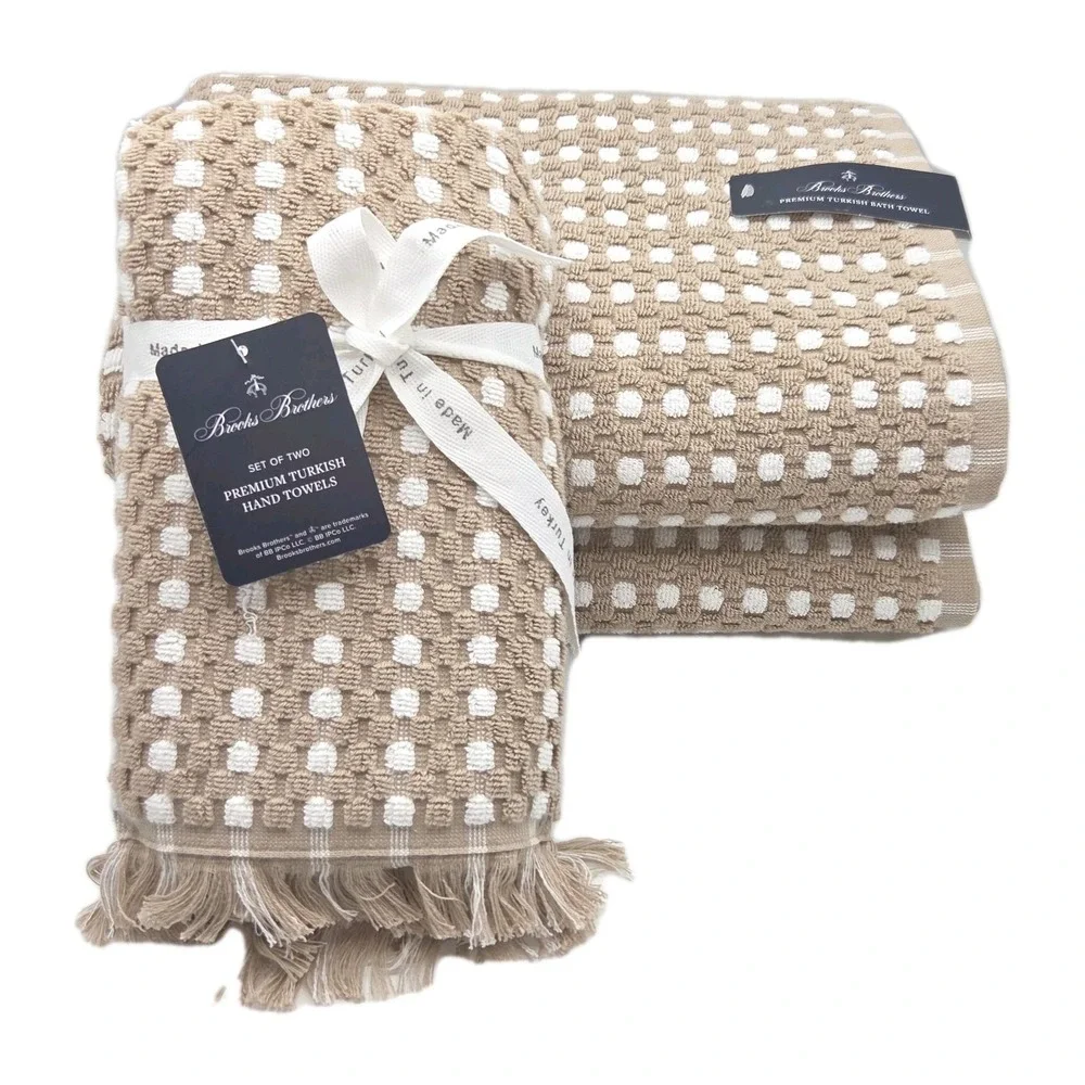 Brooks Brothers 4pc Turkish Cotton Towel Set Tan & White Raised Dots 2Bath 2Hand